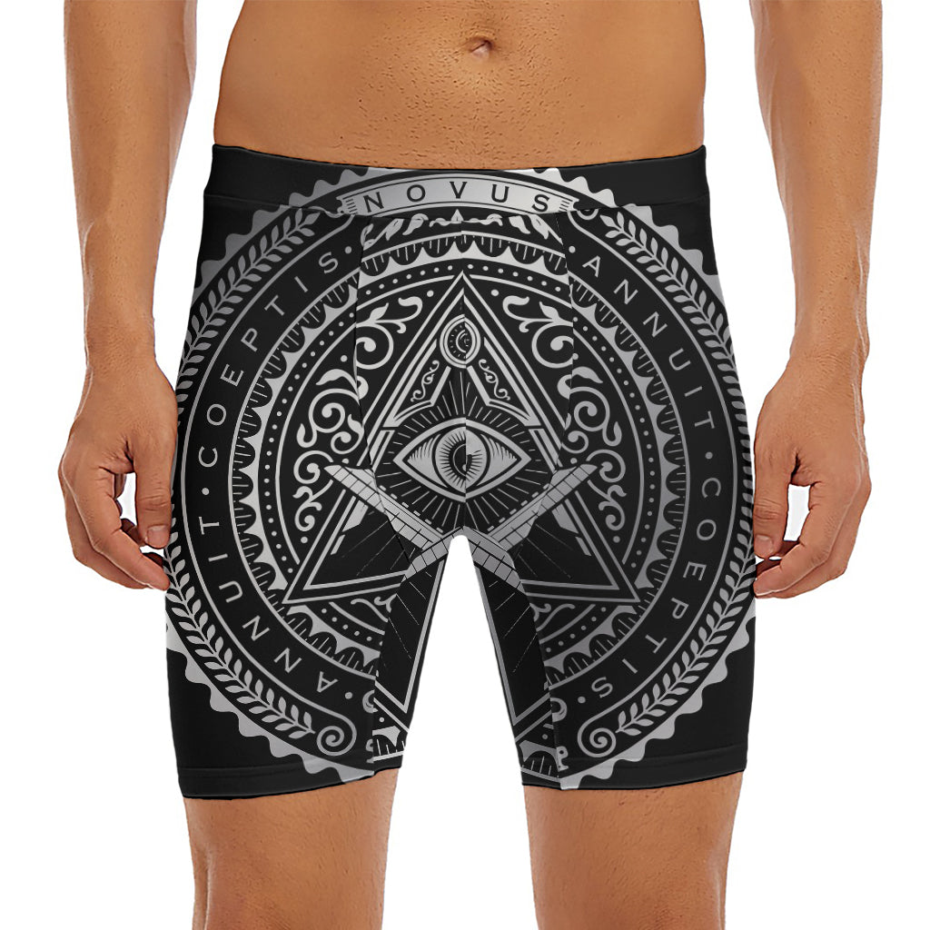 Silver And Black All Seeing Eye Print Men's Long Boxer Briefs