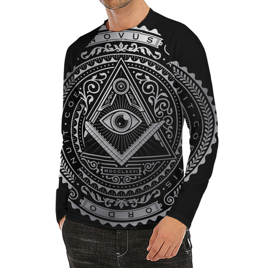 Silver And Black All Seeing Eye Print Men's Long Sleeve Rash Guard