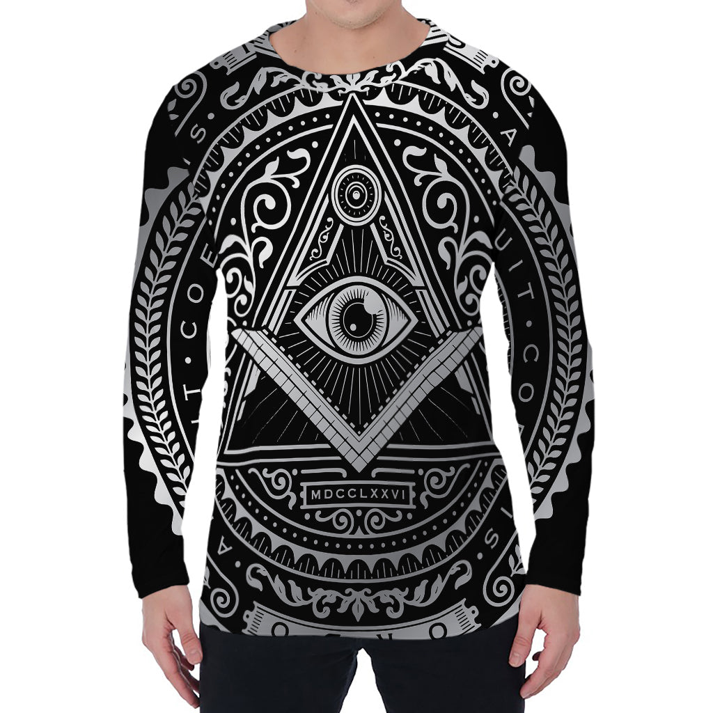 Silver And Black All Seeing Eye Print Men's Long Sleeve T-Shirt