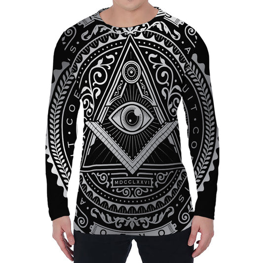 Silver And Black All Seeing Eye Print Men's Long Sleeve T-Shirt