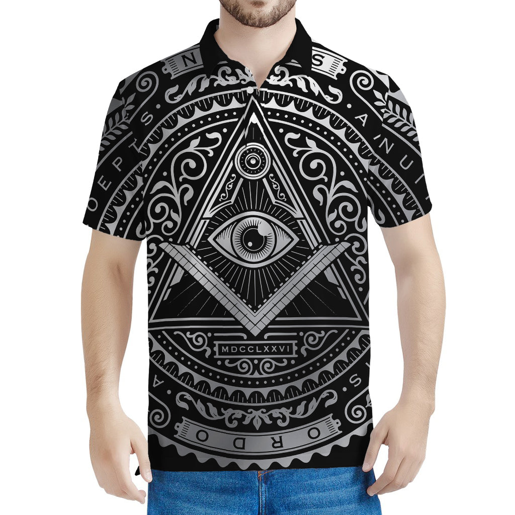 Silver And Black All Seeing Eye Print Men's Polo Shirt