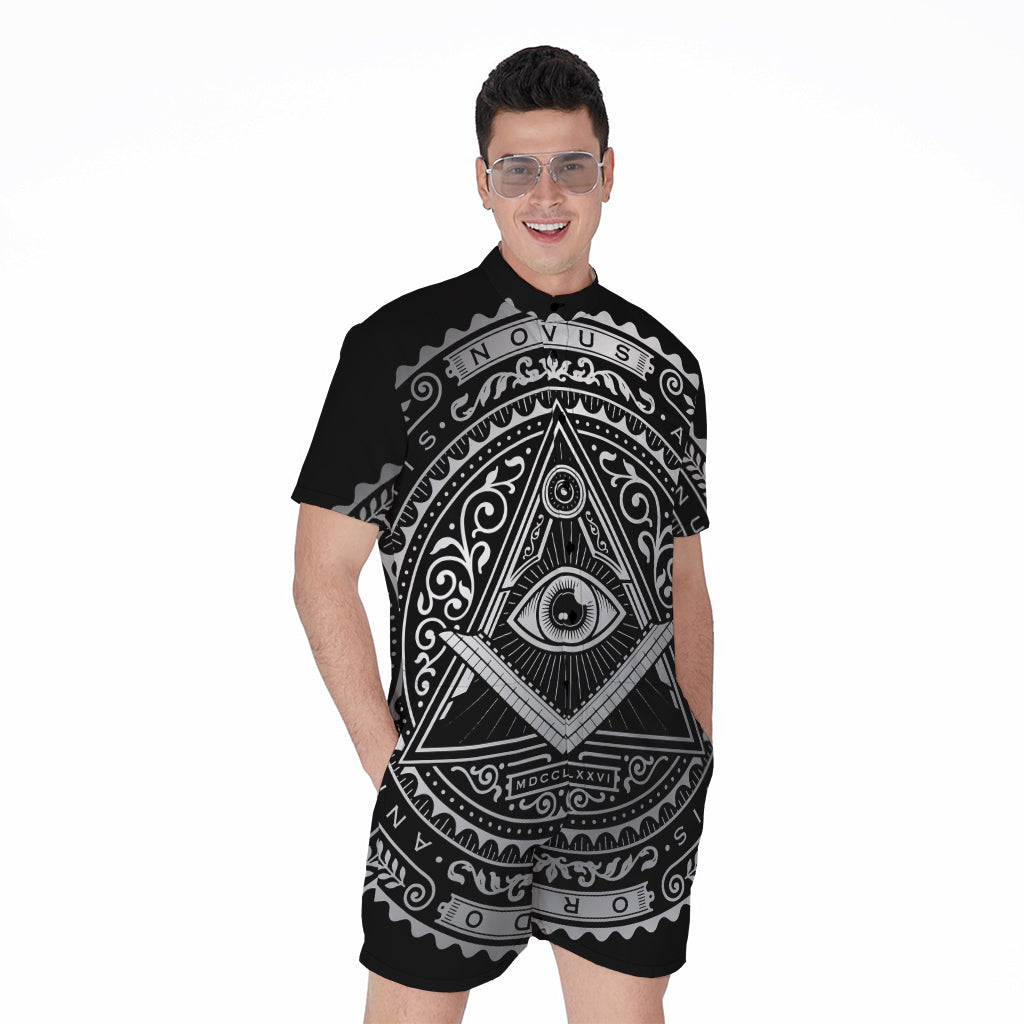 Silver And Black All Seeing Eye Print Men's Rompers