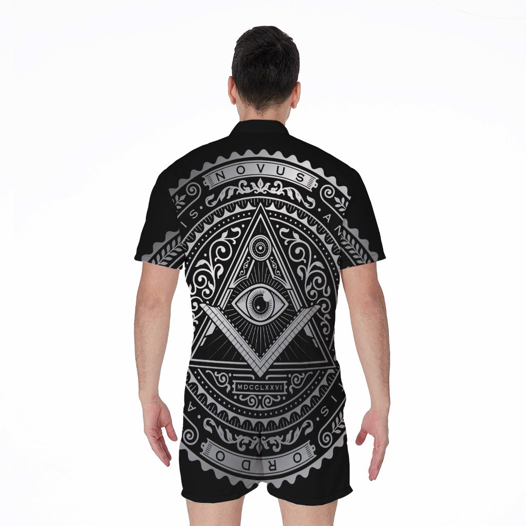 Silver And Black All Seeing Eye Print Men's Rompers