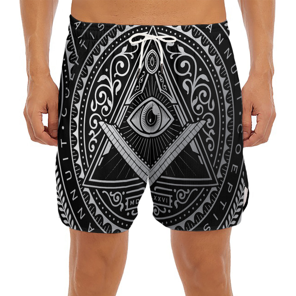 Silver And Black All Seeing Eye Print Men's Split Running Shorts
