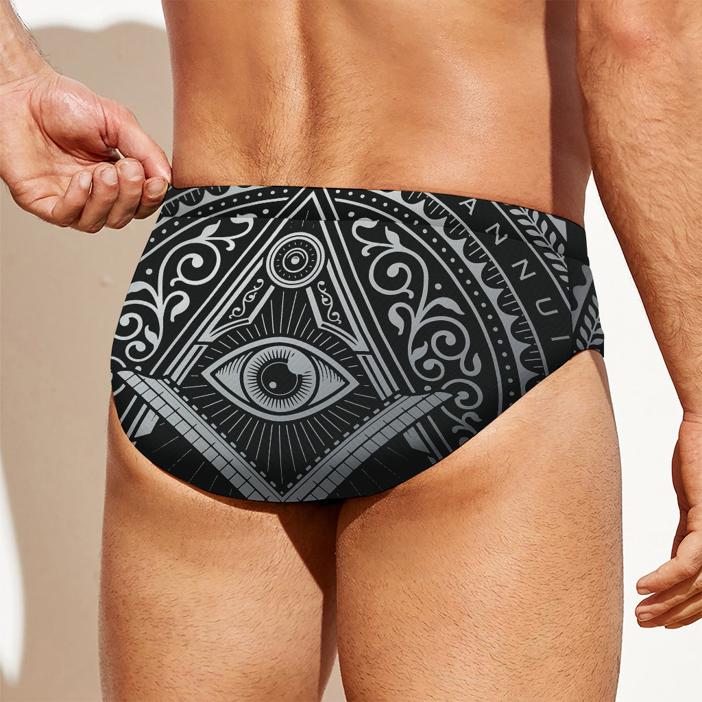 Silver And Black All Seeing Eye Print Men's Swim Briefs