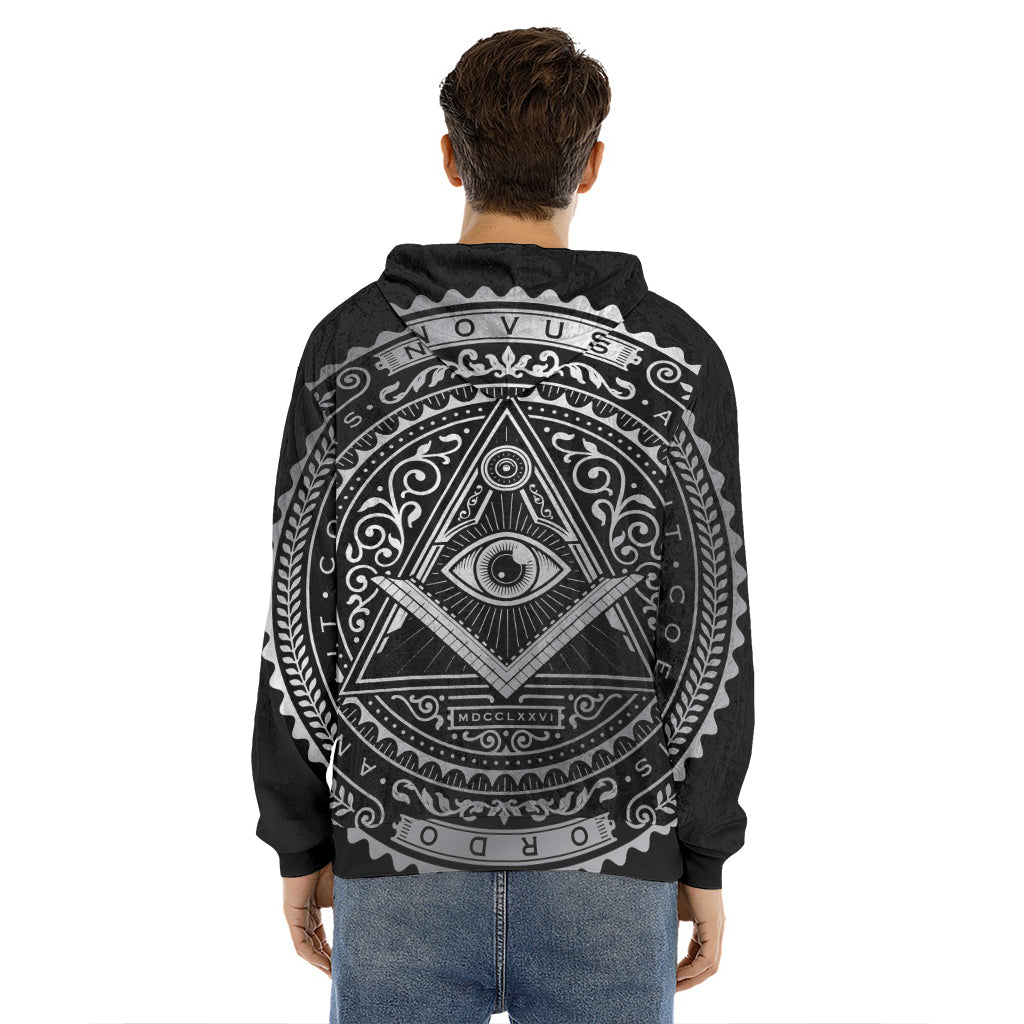 Silver And Black All Seeing Eye Print Men's Velvet Pullover Hoodie