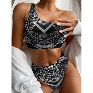 Silver And Black All Seeing Eye Print One Shoulder Bikini Top