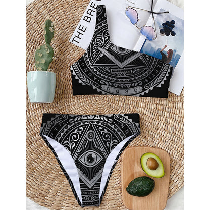 Silver And Black All Seeing Eye Print One Shoulder Bikini Top
