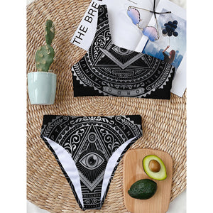 Silver And Black All Seeing Eye Print One Shoulder Bikini Top