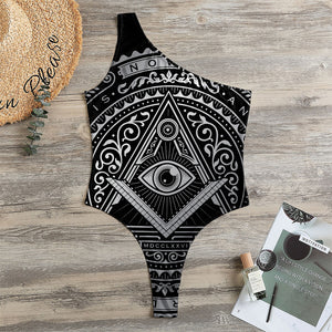 Silver And Black All Seeing Eye Print One Shoulder Bodysuit