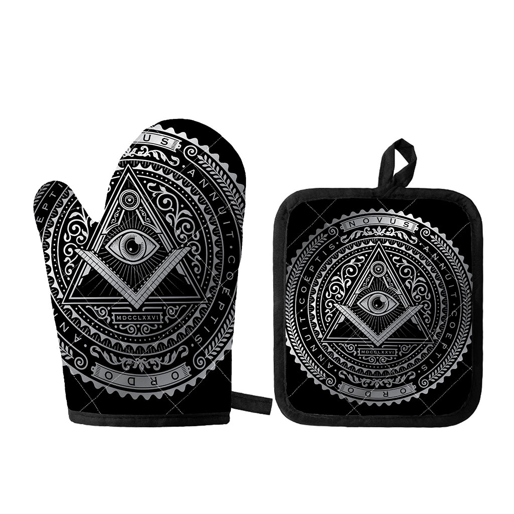 Silver And Black All Seeing Eye Print Oven Mitt And Pot Holder Set