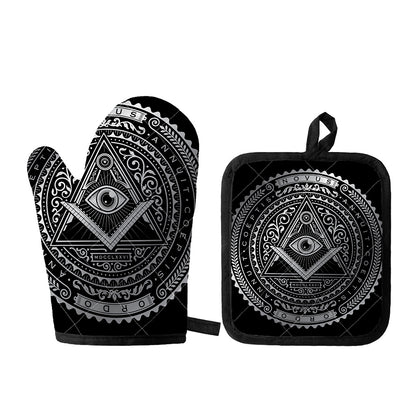 Silver And Black All Seeing Eye Print Oven Mitt And Pot Holder Set