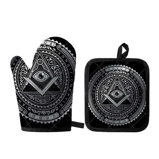 Silver And Black All Seeing Eye Print Oven Mitt And Pot Holder Set
