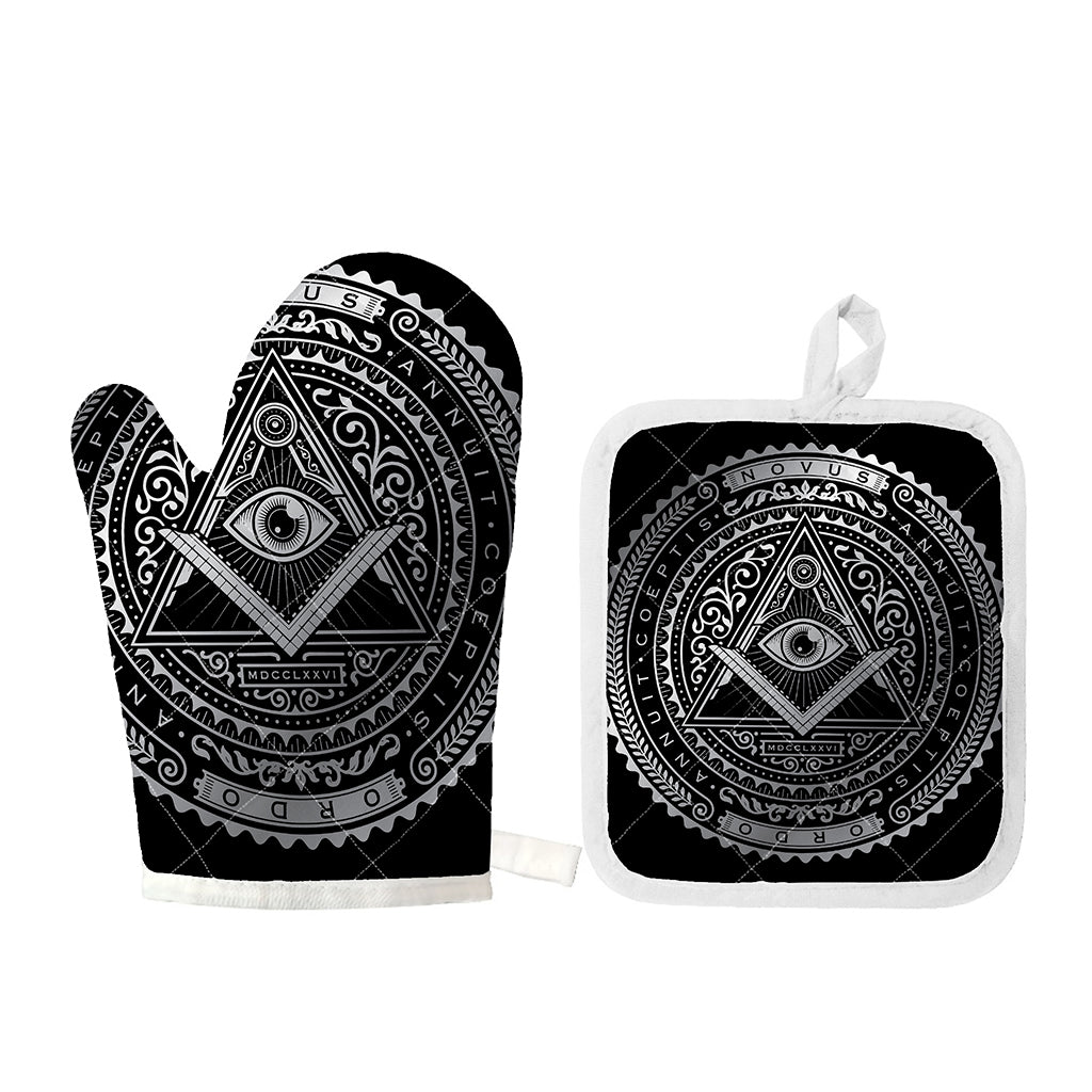 Silver And Black All Seeing Eye Print Oven Mitt And Pot Holder Set