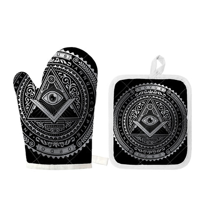 Silver And Black All Seeing Eye Print Oven Mitt And Pot Holder Set