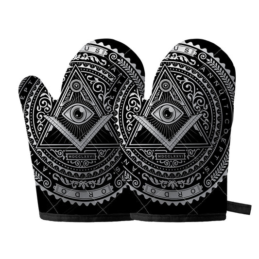 Silver And Black All Seeing Eye Print Oven Mitts