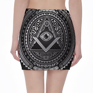 Silver And Black All Seeing Eye Print Pencil Mini Skirt