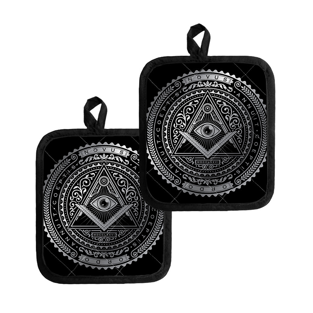 Silver And Black All Seeing Eye Print Pot Holders