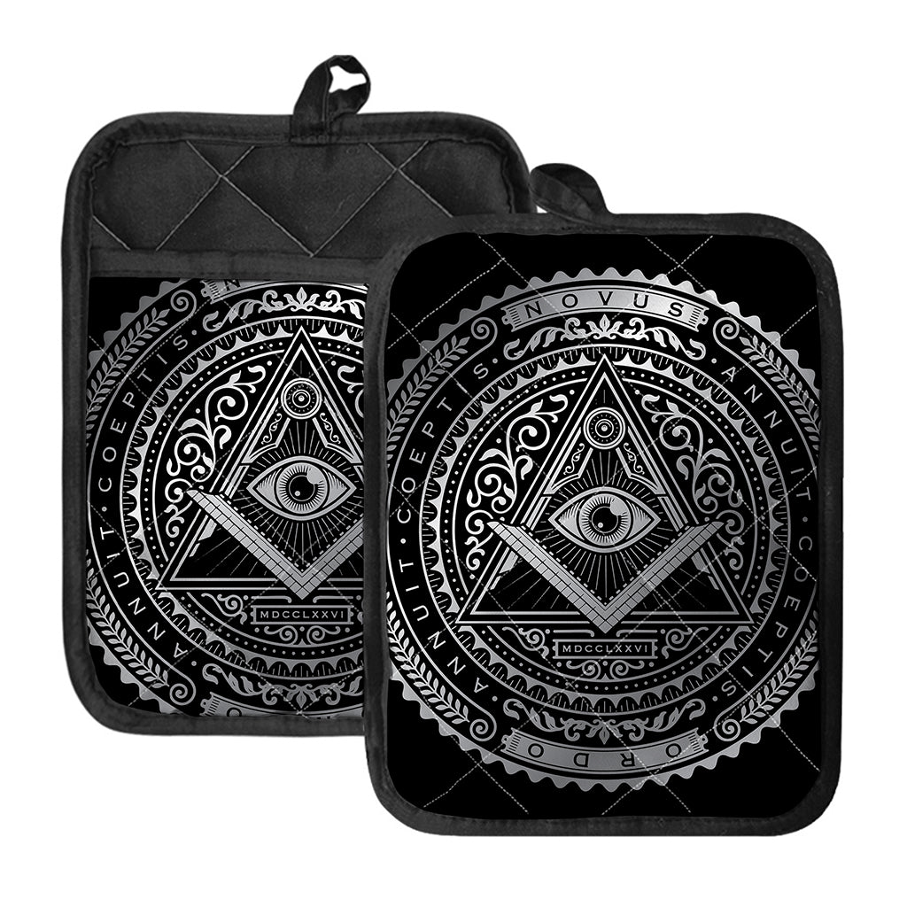 Silver And Black All Seeing Eye Print Pot Holders With Pocket