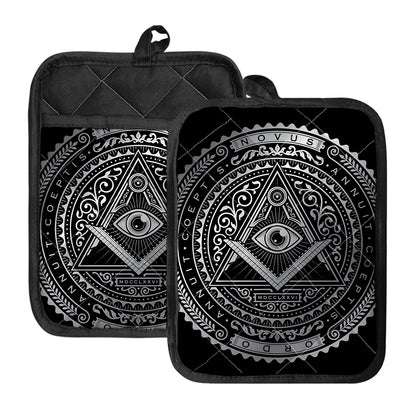 Silver And Black All Seeing Eye Print Pot Holders With Pocket