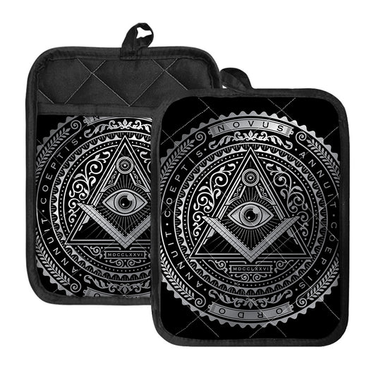 Silver And Black All Seeing Eye Print Pot Holders With Pocket