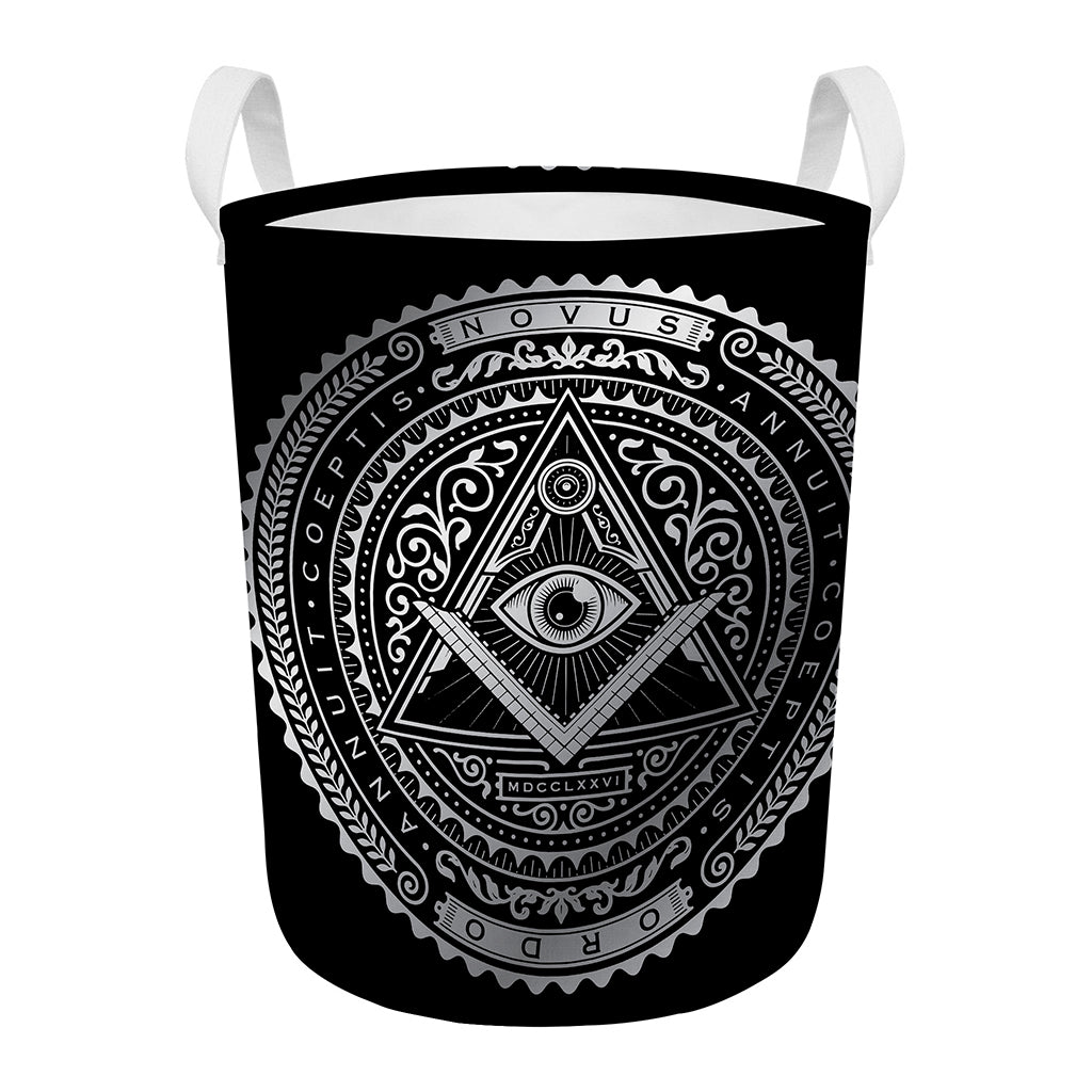 Silver And Black All Seeing Eye Print Round Laundry Basket