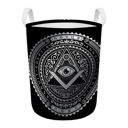 Silver And Black All Seeing Eye Print Round Laundry Basket