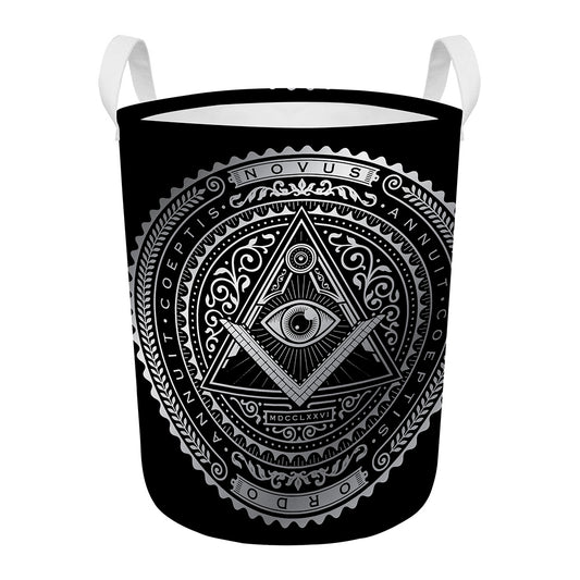 Silver And Black All Seeing Eye Print Round Laundry Basket