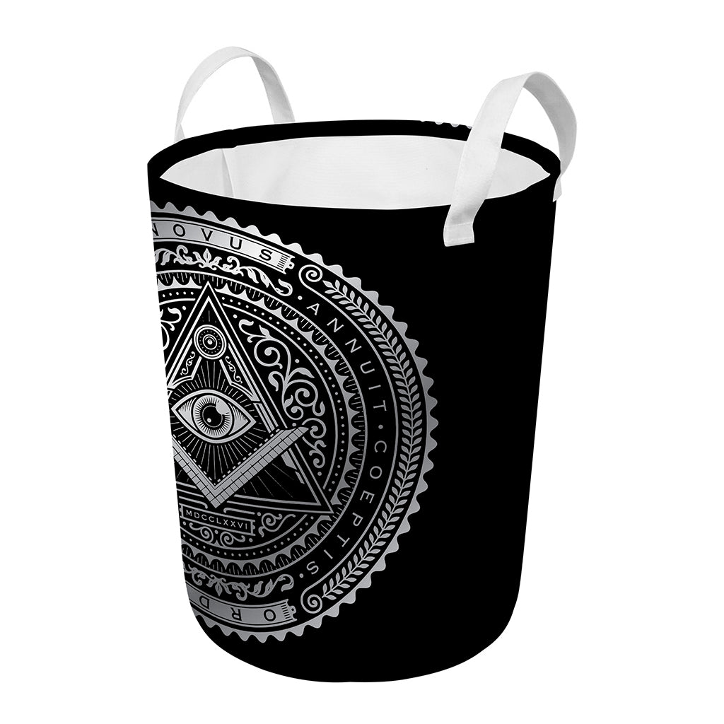 Silver And Black All Seeing Eye Print Round Laundry Basket