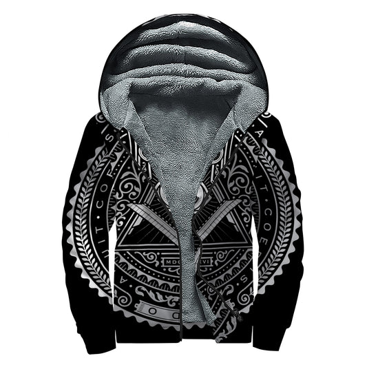 Silver And Black All Seeing Eye Print Sherpa Lined Zip Up Hoodie