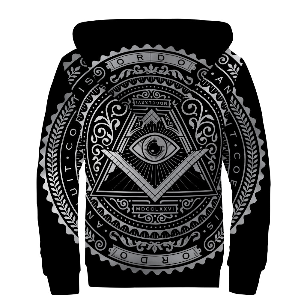 Silver And Black All Seeing Eye Print Sherpa Lined Zip Up Hoodie