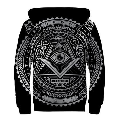 Silver And Black All Seeing Eye Print Sherpa Lined Zip Up Hoodie