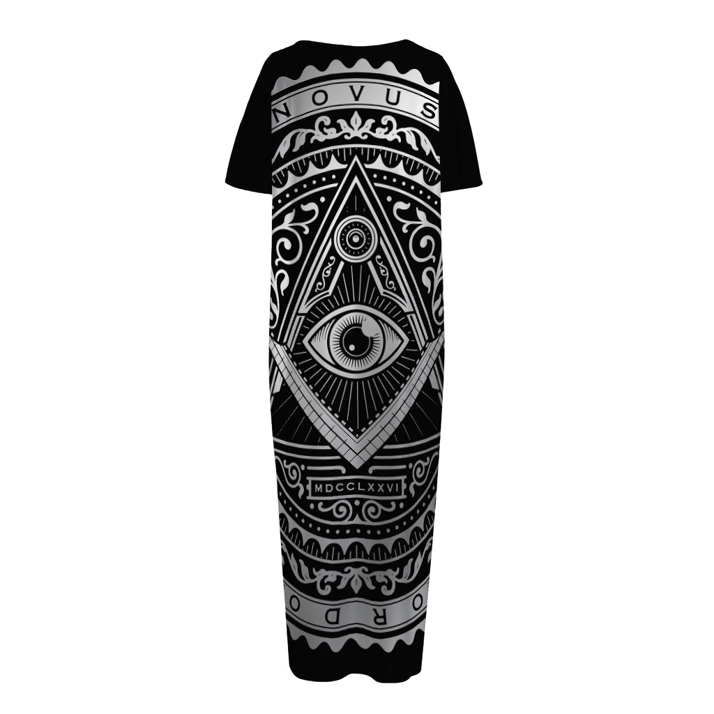 Silver And Black All Seeing Eye Print Short Sleeve Long Nightdress