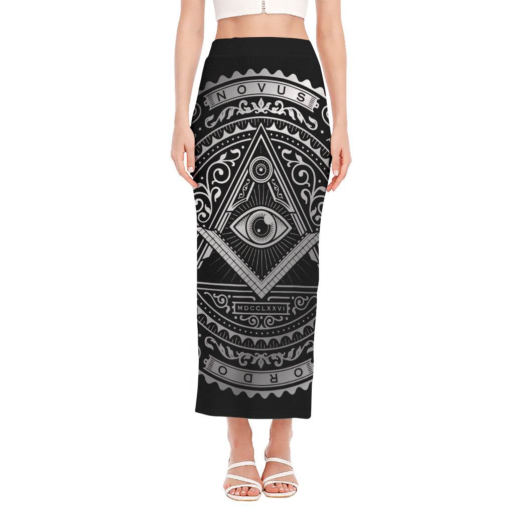 Silver And Black All Seeing Eye Print Side Slit Maxi Skirt