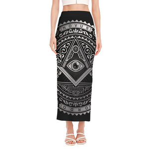 Silver And Black All Seeing Eye Print Side Slit Maxi Skirt