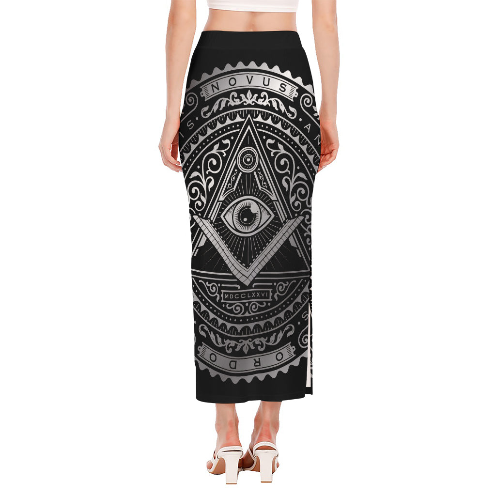 Silver And Black All Seeing Eye Print Side Slit Maxi Skirt