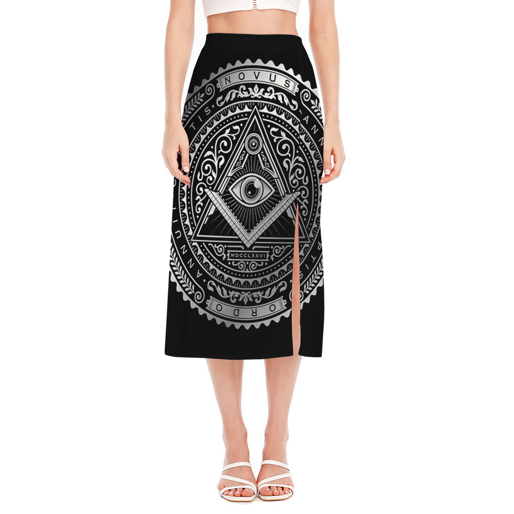 Silver And Black All Seeing Eye Print Side Slit Midi Skirt