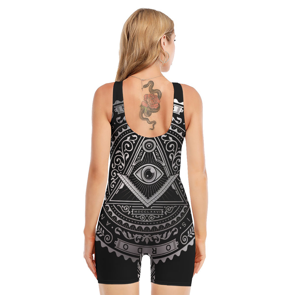 Silver And Black All Seeing Eye Print Sleeveless One Piece Swimsuit