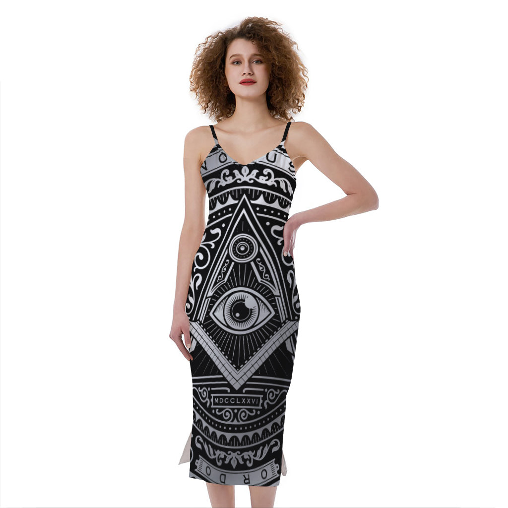 Silver And Black All Seeing Eye Print Slim Fit Midi Cami Dress