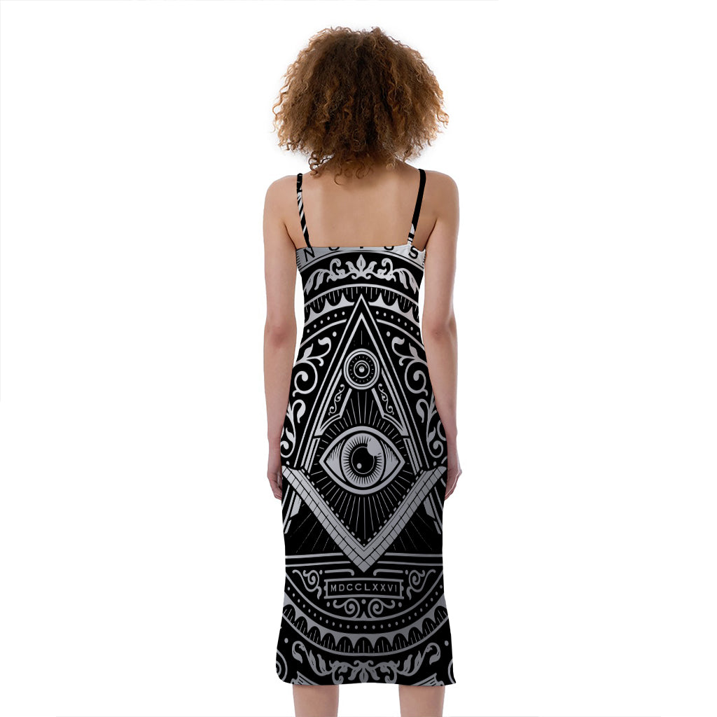 Silver And Black All Seeing Eye Print Slim Fit Midi Cami Dress