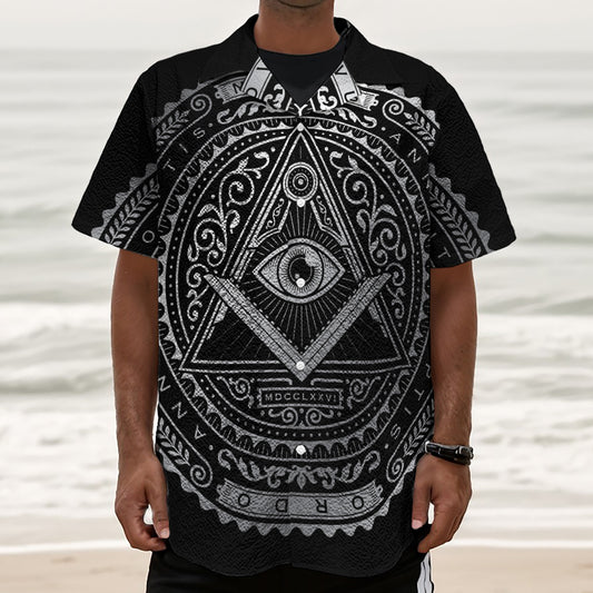 Silver And Black All Seeing Eye Print Textured Short Sleeve Shirt