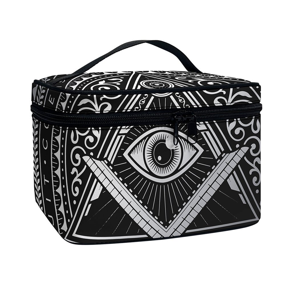 Silver And Black All Seeing Eye Print Travel Makeup Bag
