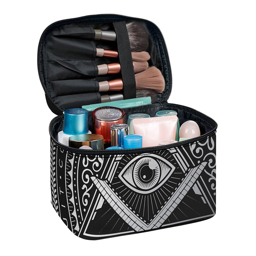 Silver And Black All Seeing Eye Print Travel Makeup Bag