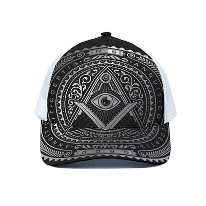 Silver And Black All Seeing Eye Print White Mesh Trucker Cap