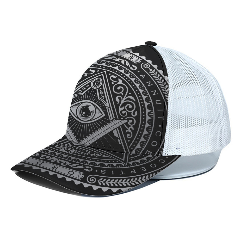 Silver And Black All Seeing Eye Print White Mesh Trucker Cap