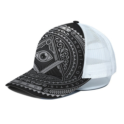 Silver And Black All Seeing Eye Print White Mesh Trucker Cap