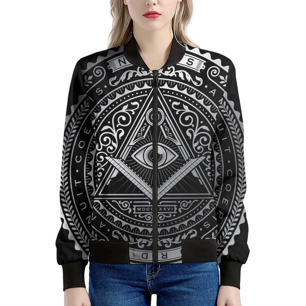 Silver And Black All Seeing Eye Print Women's Bomber Jacket