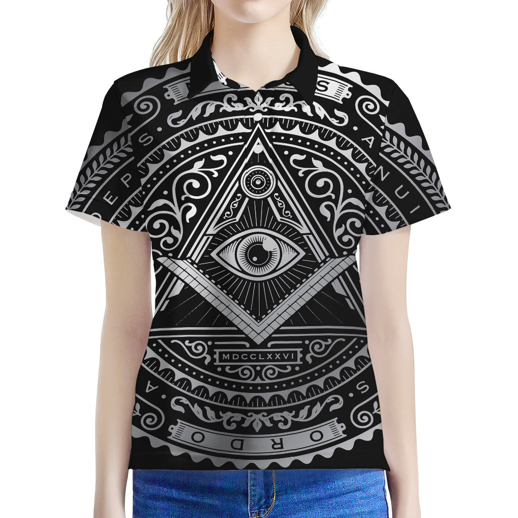 Silver And Black All Seeing Eye Print Women's Polo Shirt