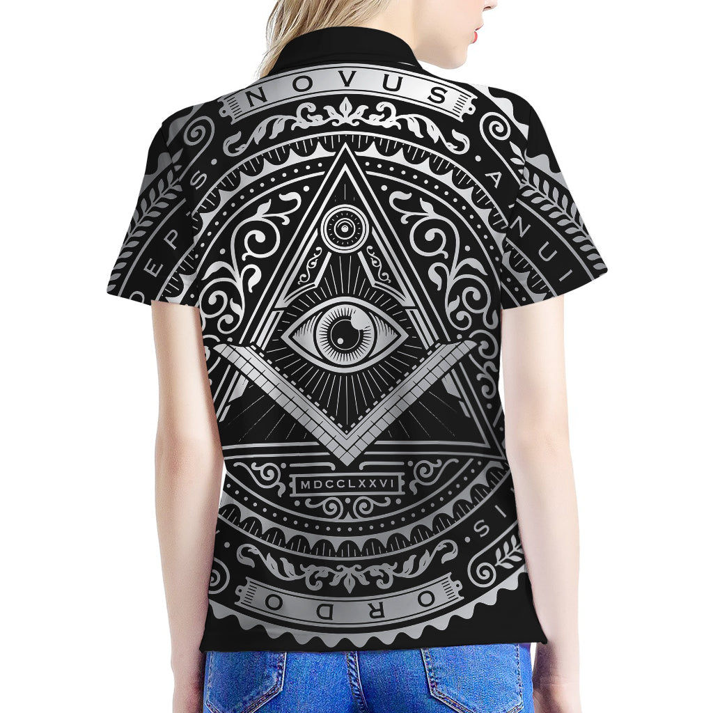 Silver And Black All Seeing Eye Print Women's Polo Shirt
