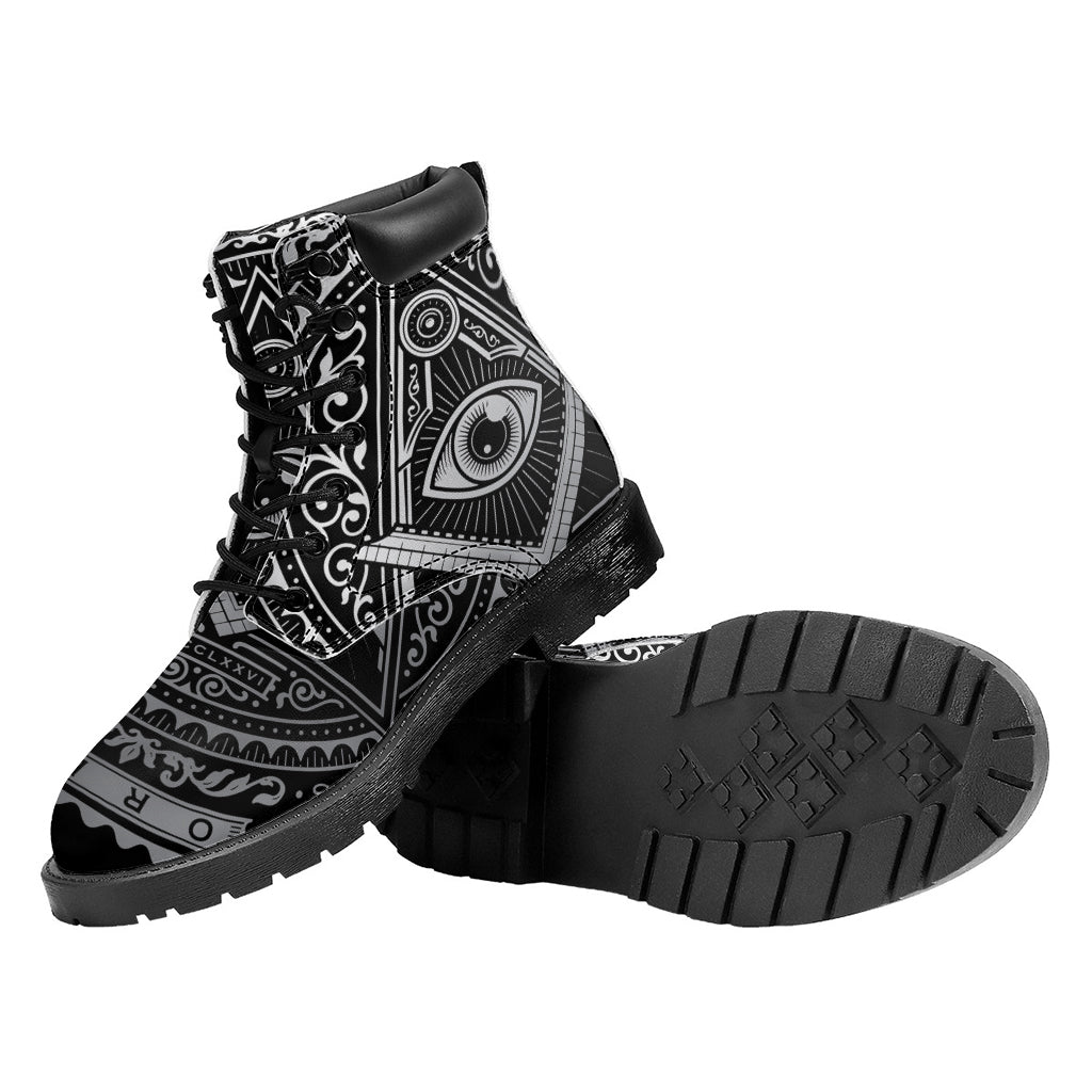 Silver And Black All Seeing Eye Print Work Boots